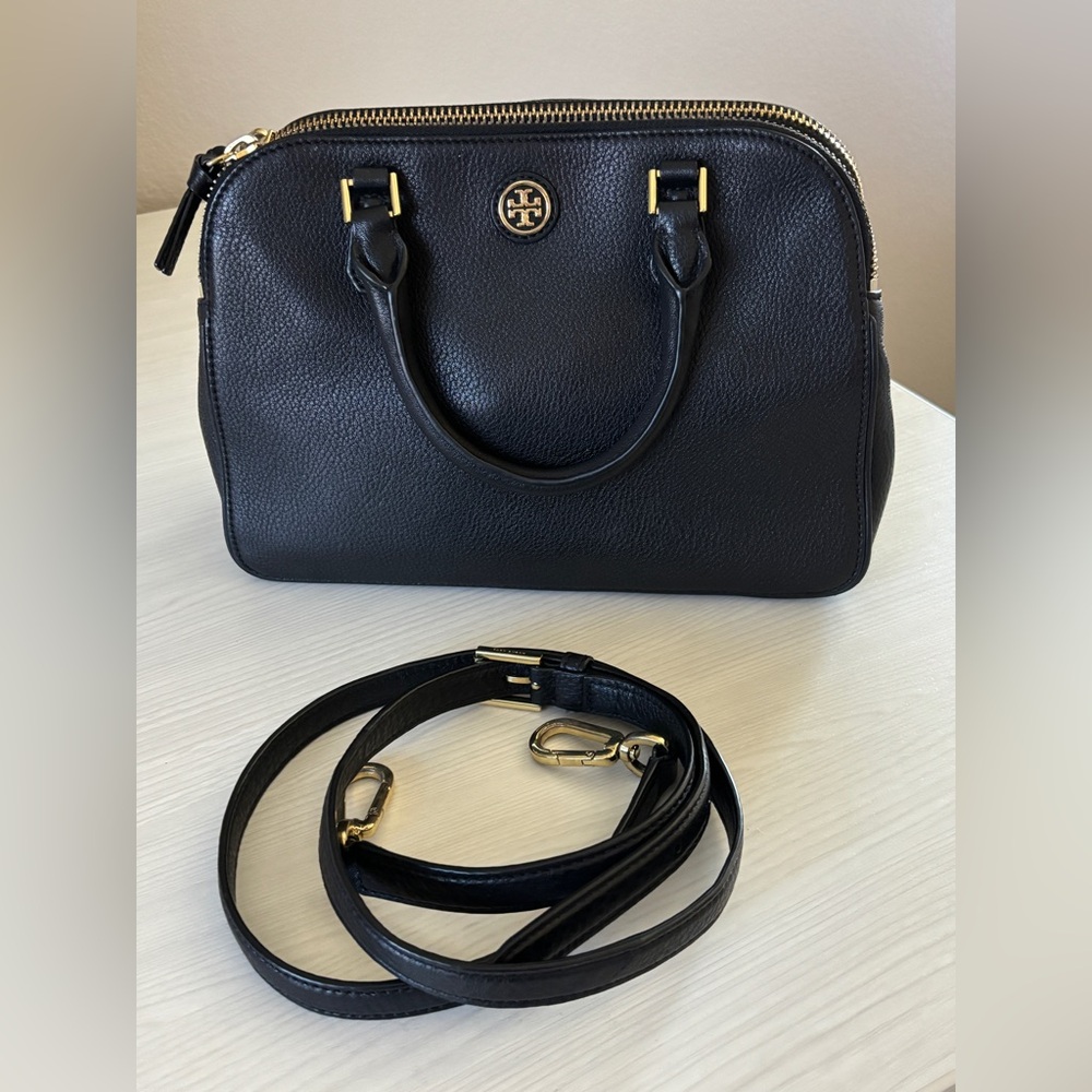 Tory Burch Robinson Black Leather Top Zip Satchel